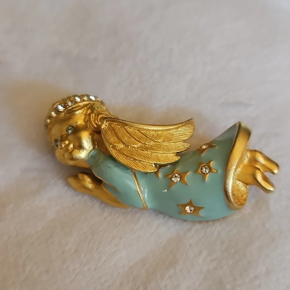 Vintage Goldtone and Mint Cherub Star Angel Brooch